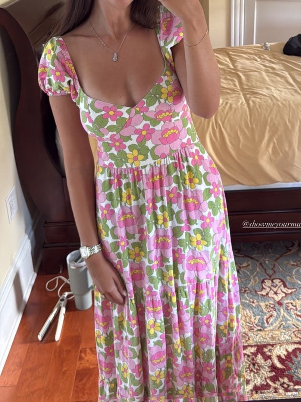 Show Me Your MuMu Pink and Green Floral Puff-Sleeve Cathy Maxi Dress - Picture 12 of 16